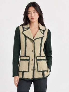 Green Suede Patchwork Jacket Leather Knit  70s 80s Vintage Boho MEDIUM